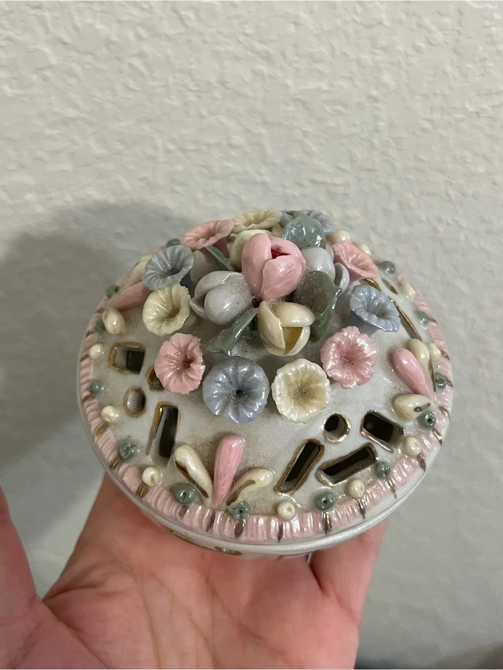 Vintage Porcelain Round Trinket Dresser Box with Applied Flowers Iridescent